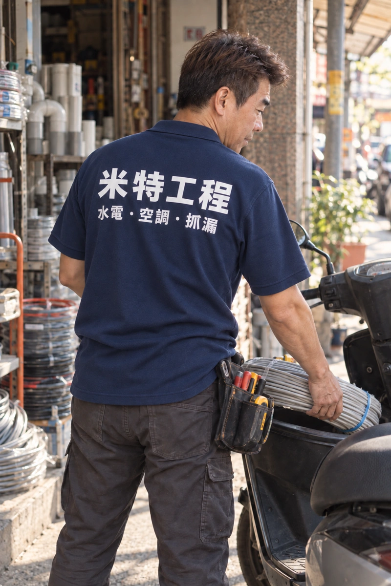 水電行師傅穿藏青色POLO，背上印著「米特工程」
