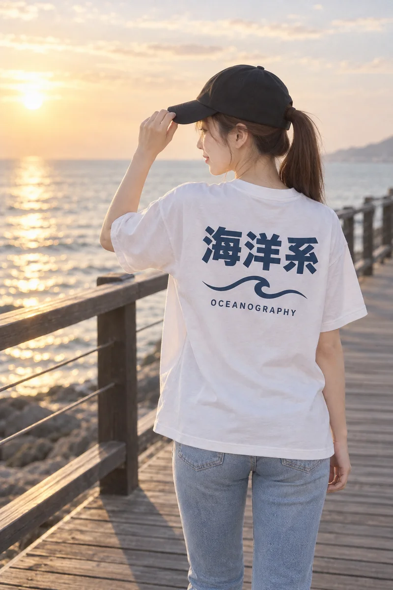 海邊的女生背上印著「海洋系 OCEANOGRAPHY」