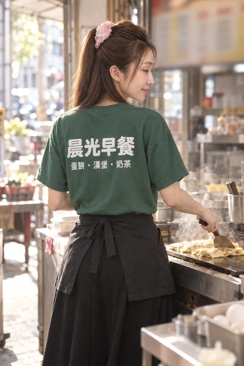 早餐店老闆娘背上印著「晨光早餐」