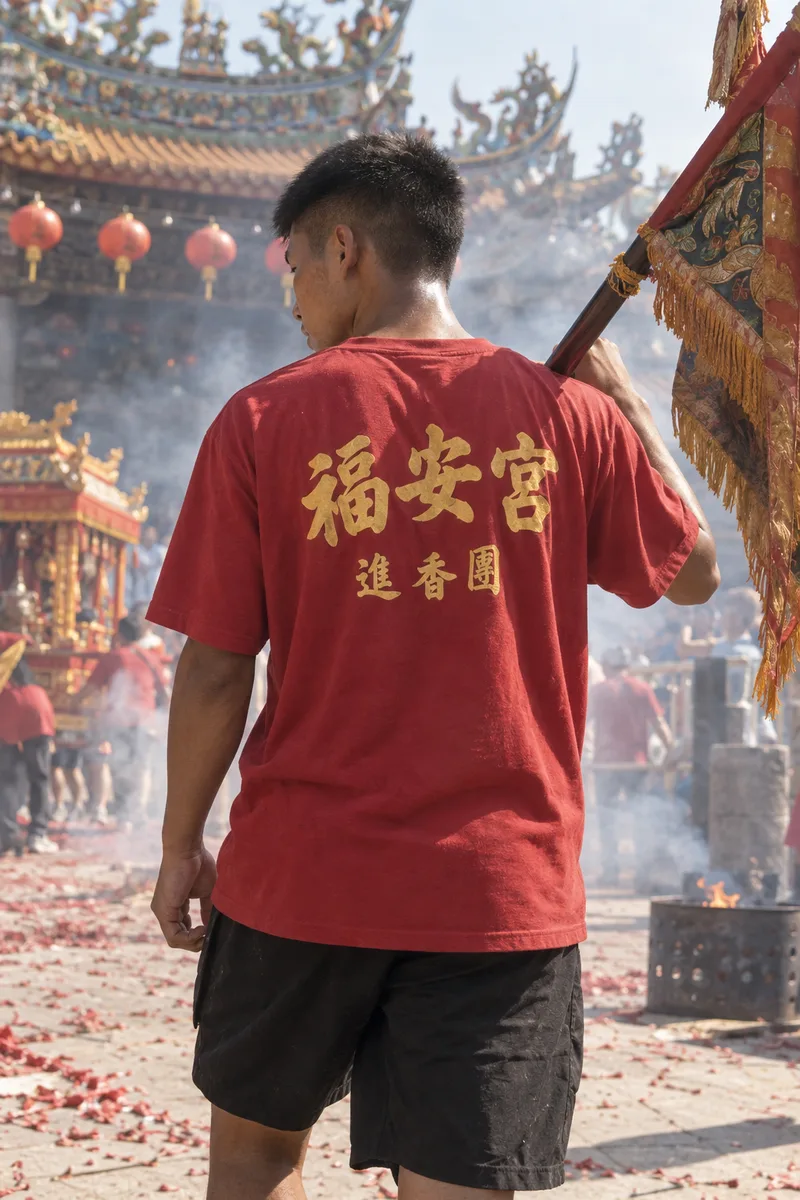 陣頭少年背上印著「福安宮 進香團」