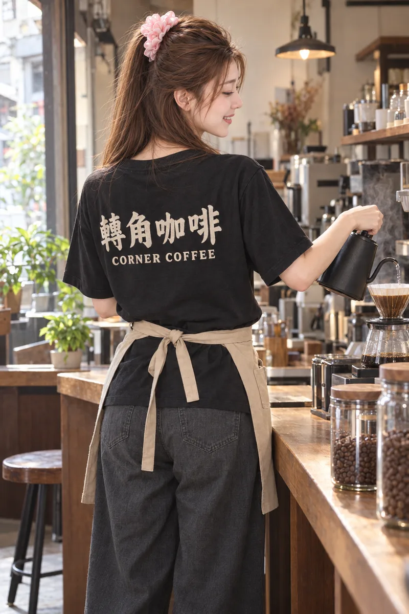 咖啡店店員背上印著「轉角咖啡」