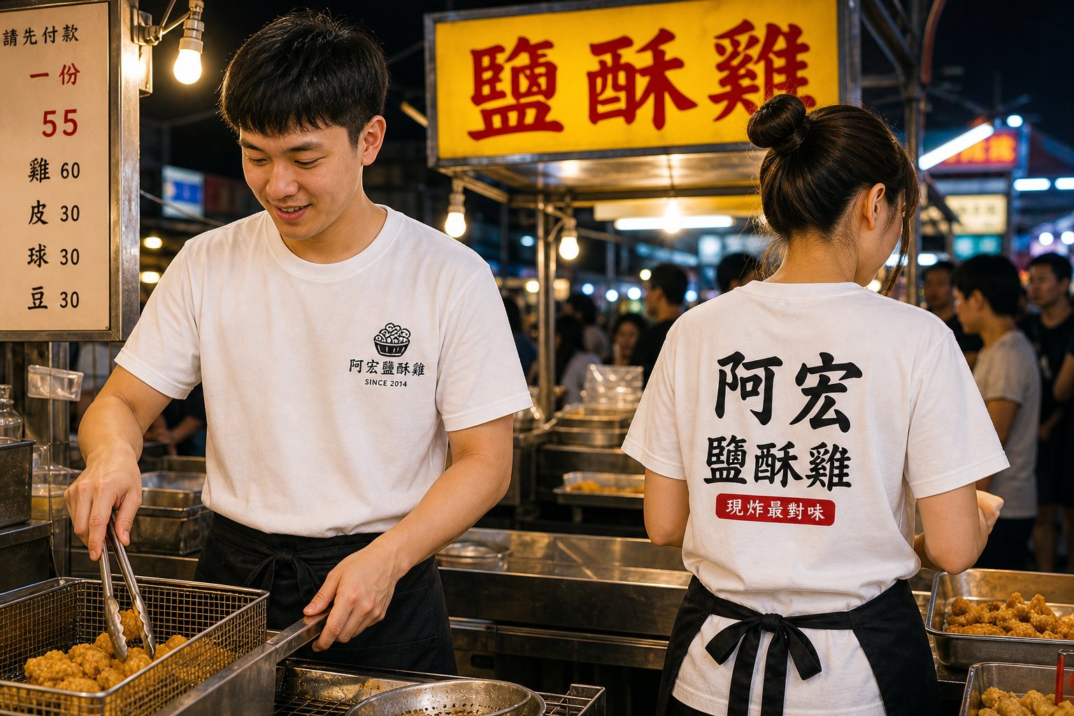 夜市攤位員工穿著白色固定制服，背面店名醒目