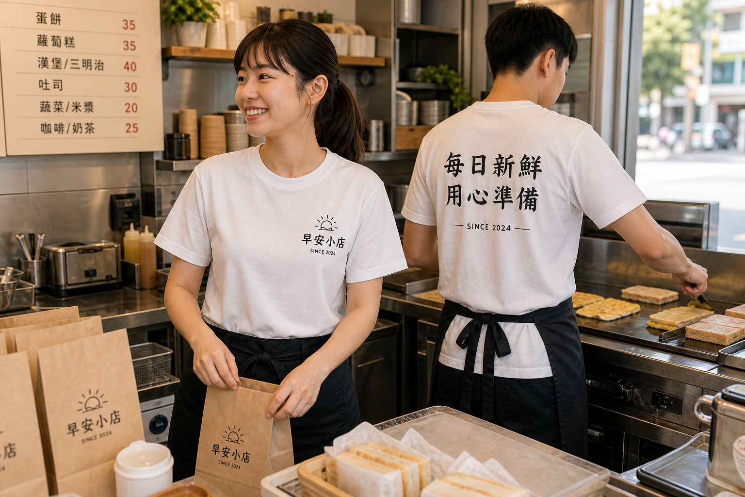 早餐店員工穿著白色固定制服，正面左胸店名與背面標語清楚可見